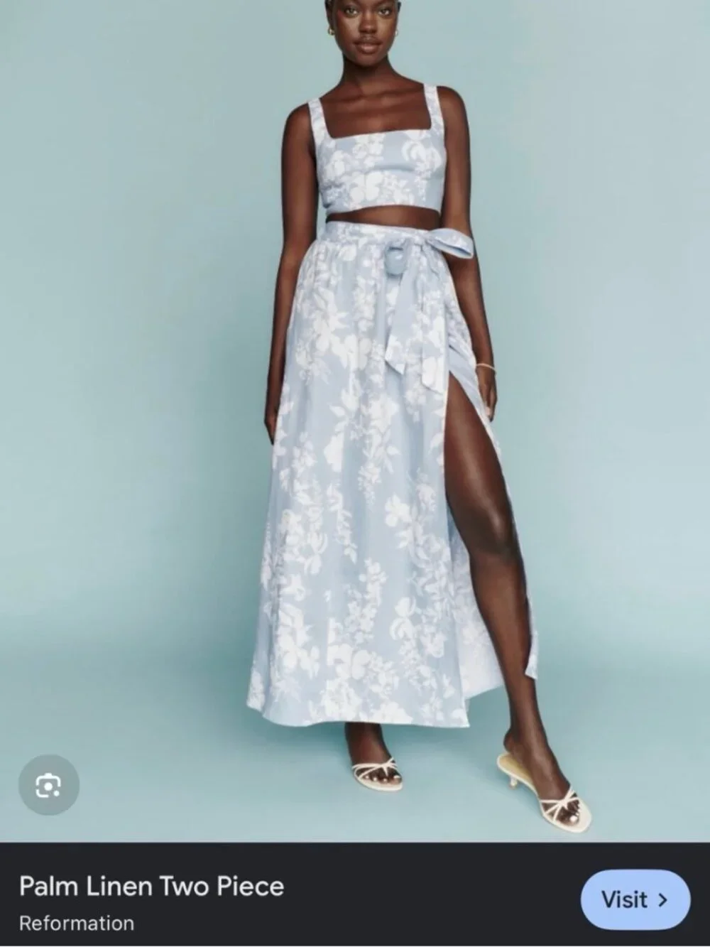 Reformation Pale Blue & Cream Floral Tie-Waist Linen Set (Palm Linen Two Piece)